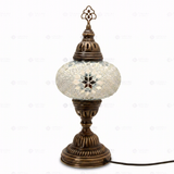 Full view of handmade White white glow Turkish mosaic table lamp on white background (ENV MUN3022)