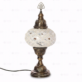 Full view of handmade White white glow Turkish mosaic table lamp on white background (ENV MUN3023)