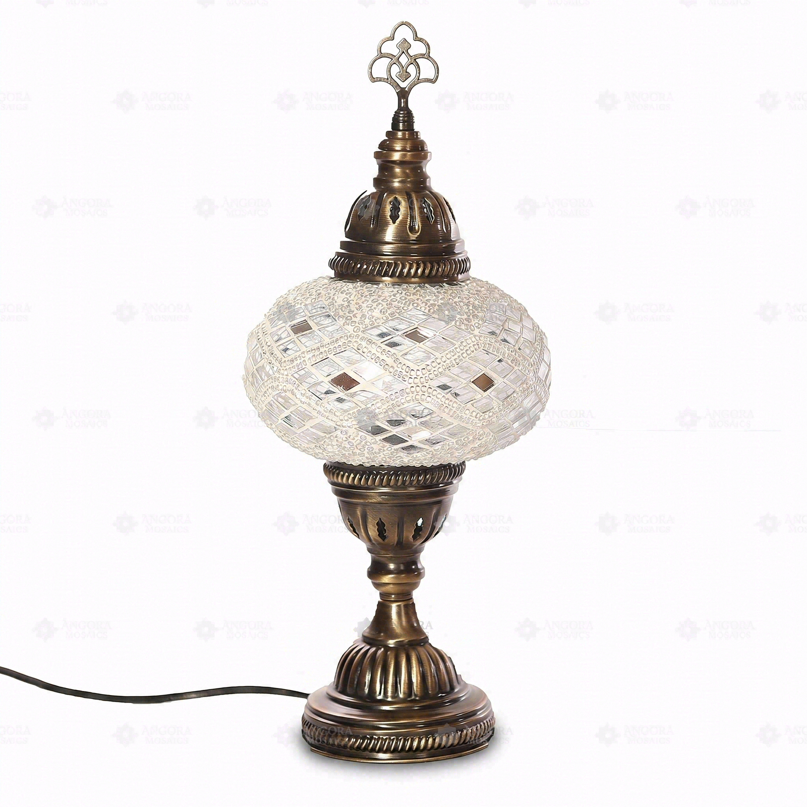 Full view of handmade White white glow Turkish mosaic table lamp on white background (ENV MUN3023)