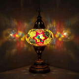 Multicolor Turkish mosaic table lamp illuminated, showing colorful light projection (ENV MUN3024)
