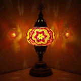 Amber Turkish mosaic table lamp illuminated, showing colorful light projection (ENV MUN3025)