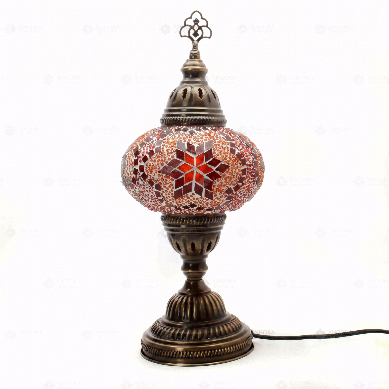 Full view of handmade Amber warm amber Turkish mosaic table lamp on white background (ENV MUN3025)