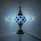 Blue Turkish mosaic table lamp illuminated, showing colorful light projection (ENV MUN3027)