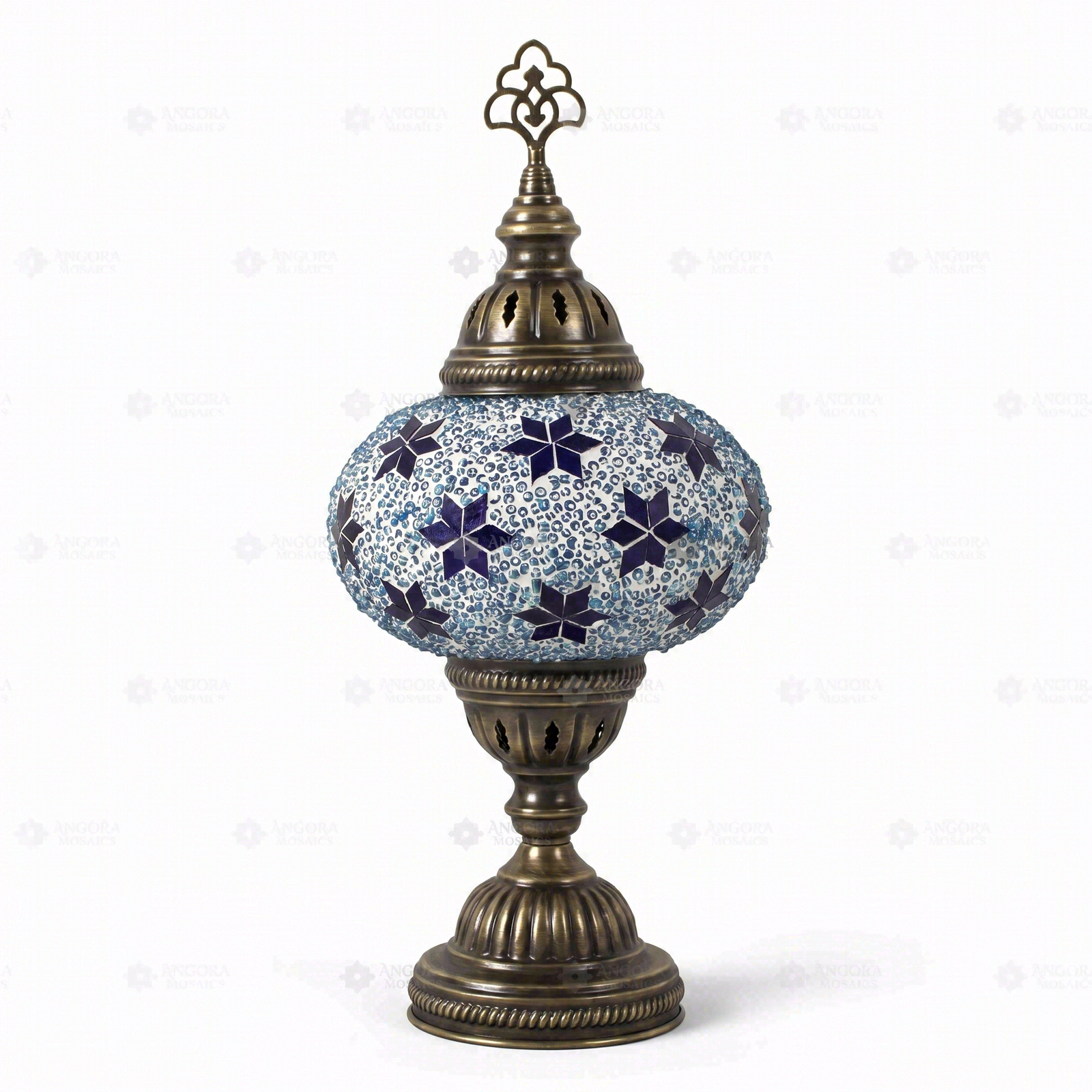 Full view of handmade Blue blue jewel Turkish mosaic table lamp on white background (ENV MUN3027)