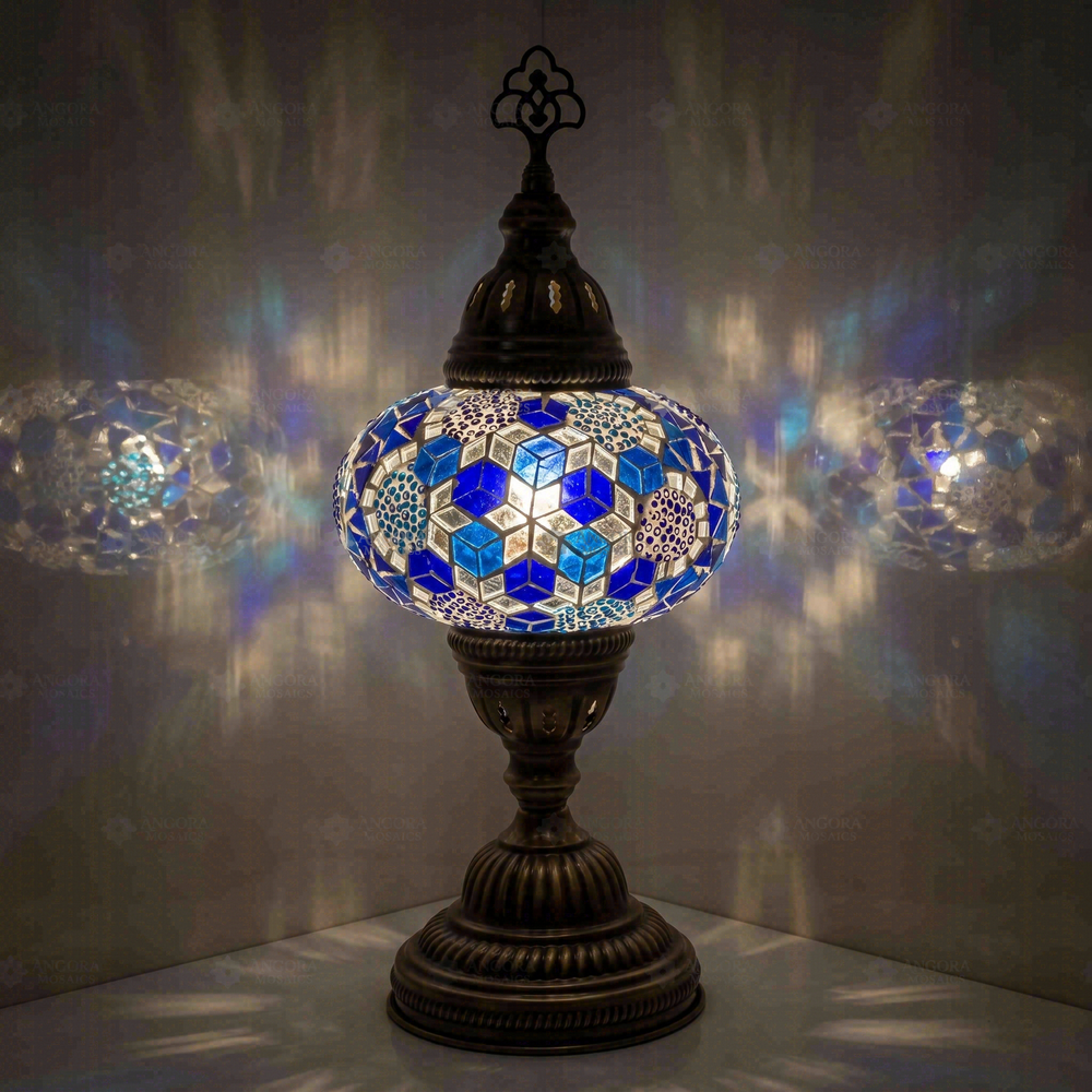 Blue Classic Table Lamp, glowing in a dark room