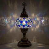 Blue Turkish mosaic table lamp illuminated, showing colorful light projection (ENV MUN3028)
