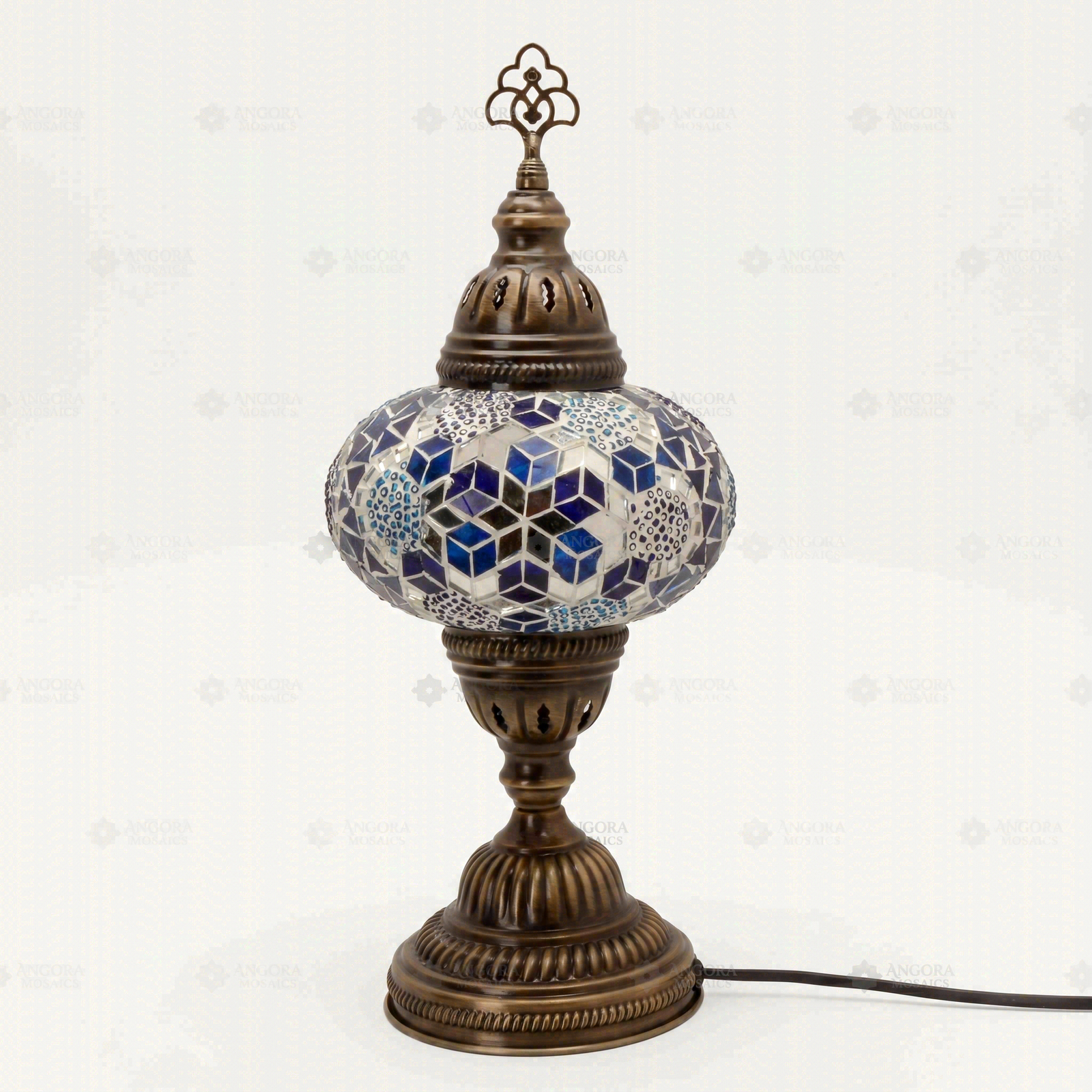 Full view of handmade Blue blue jewel Turkish mosaic table lamp on white background (ENV MUN3028)