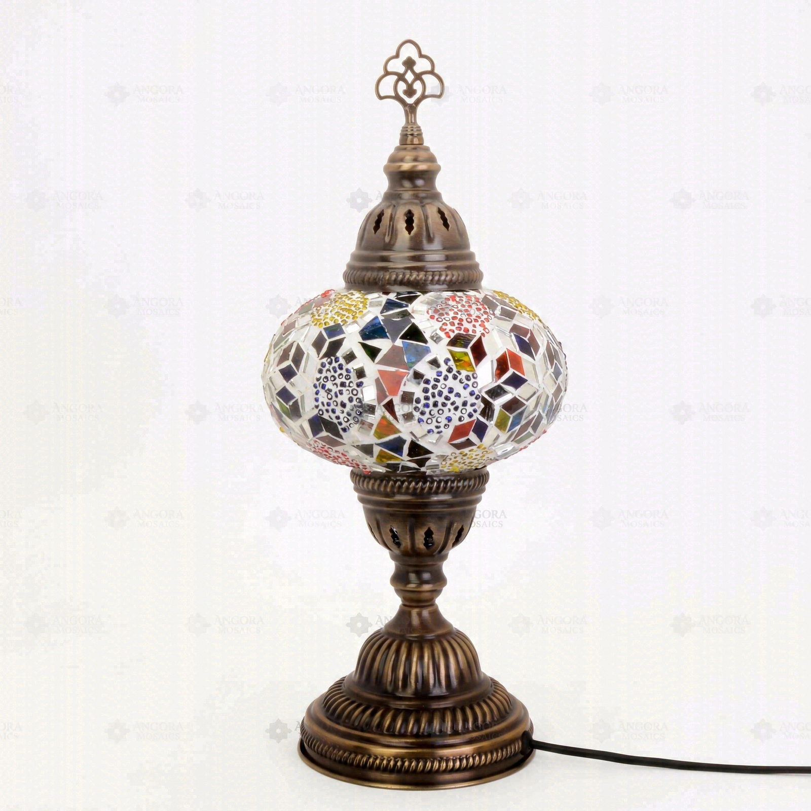 Full view of handmade Multicolor multicolor jewel Turkish mosaic table lamp on white background (ENV MUN3029)