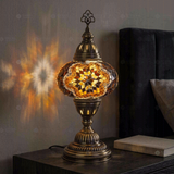 Amber warm amber Turkish mosaic table lamp in styled room — handmade Moroccan table lamp (ENV MUN3031)
