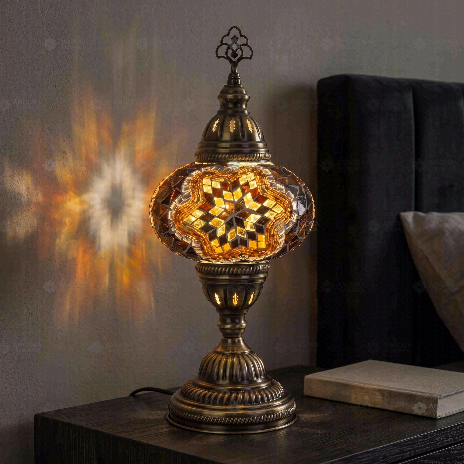 Amber warm amber Turkish mosaic table lamp in styled room — handmade Moroccan table lamp (ENV MUN3031)