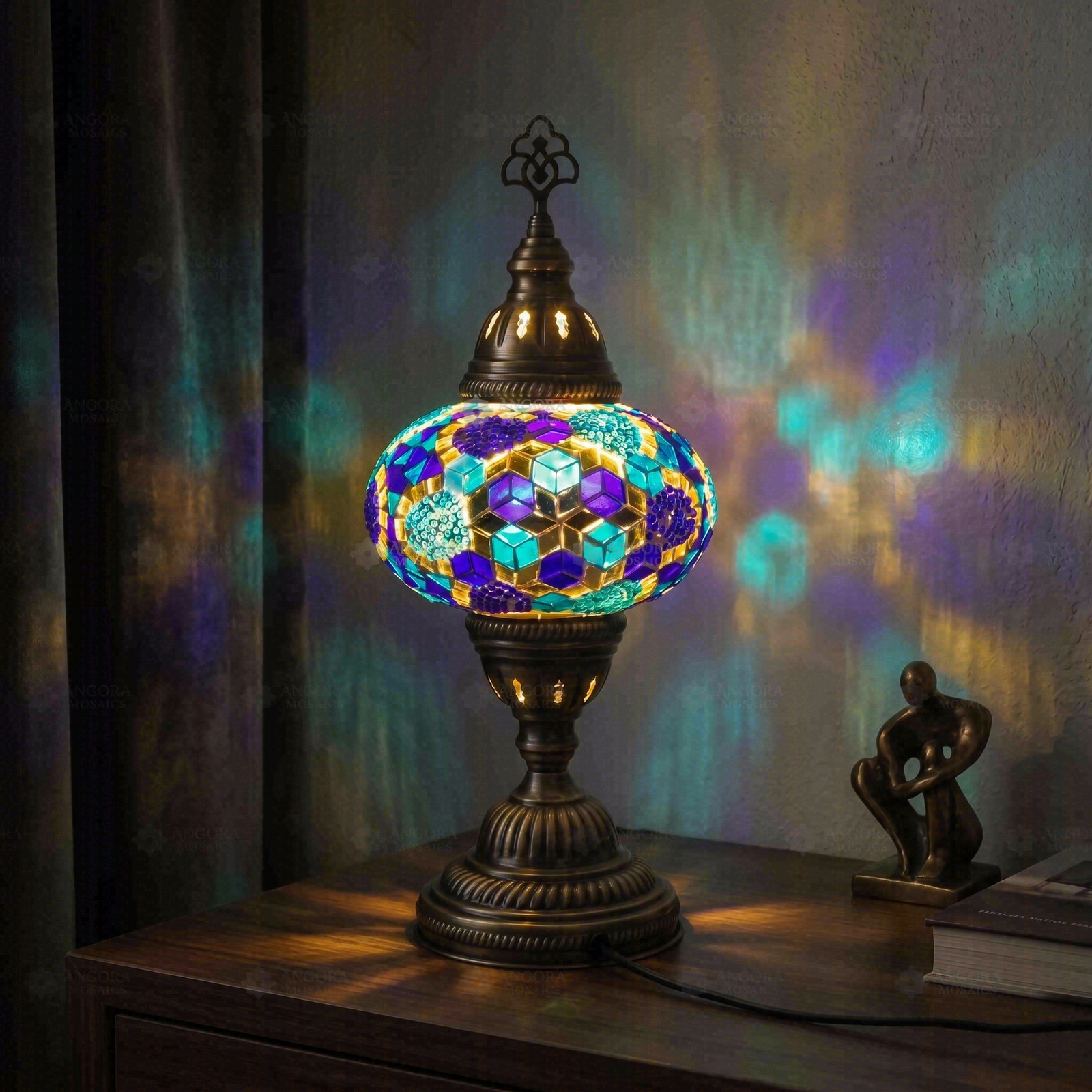 Blue blue jewel Turkish mosaic table lamp in styled room — handmade Moroccan table lamp (ENV MUN3032)