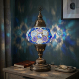 Blue blue jewel Turkish mosaic table lamp in styled room — handmade Moroccan table lamp (ENV MUN3034)