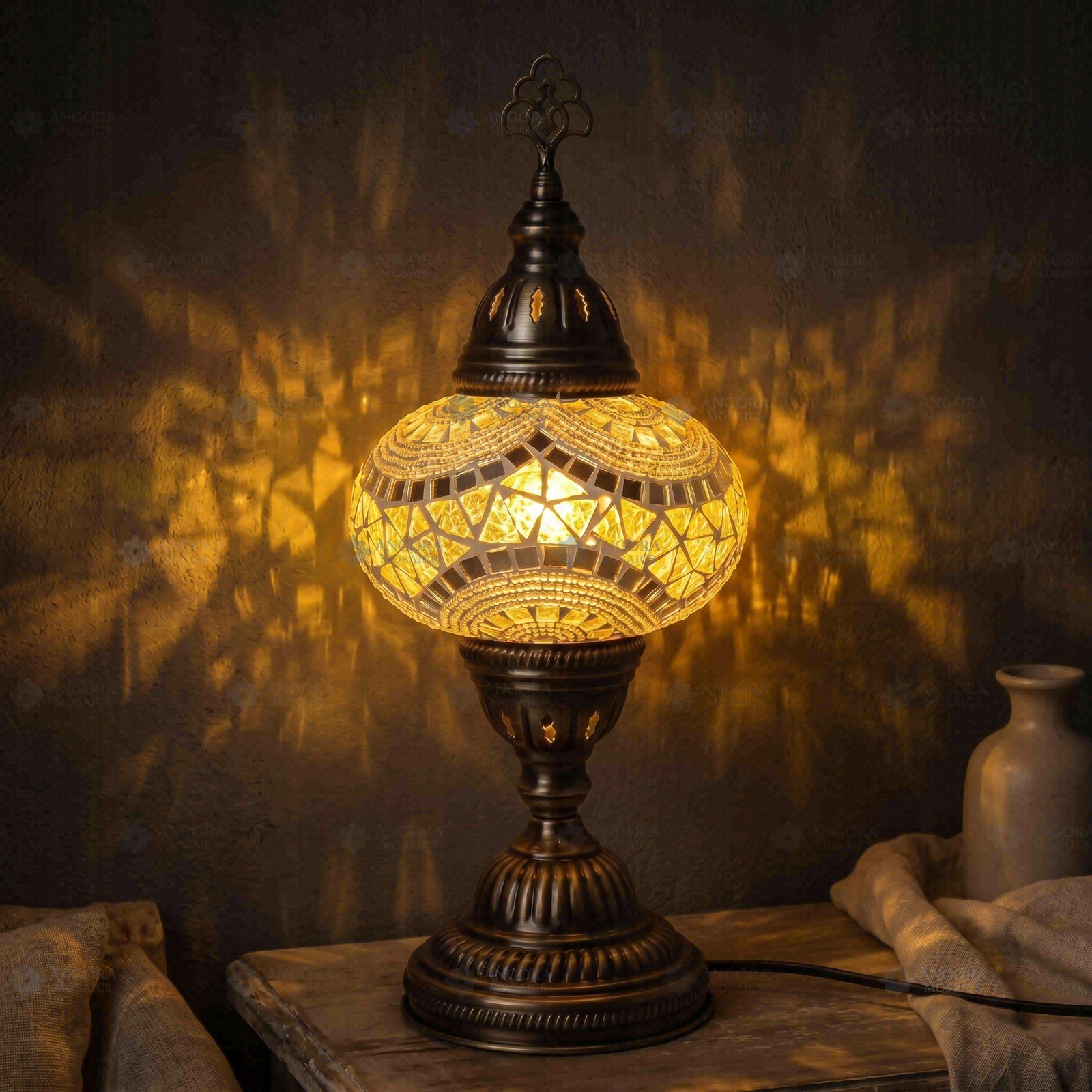 Clear clear neutral Turkish mosaic table lamp in styled room — handmade Moroccan table lamp (ENV MUN3036)