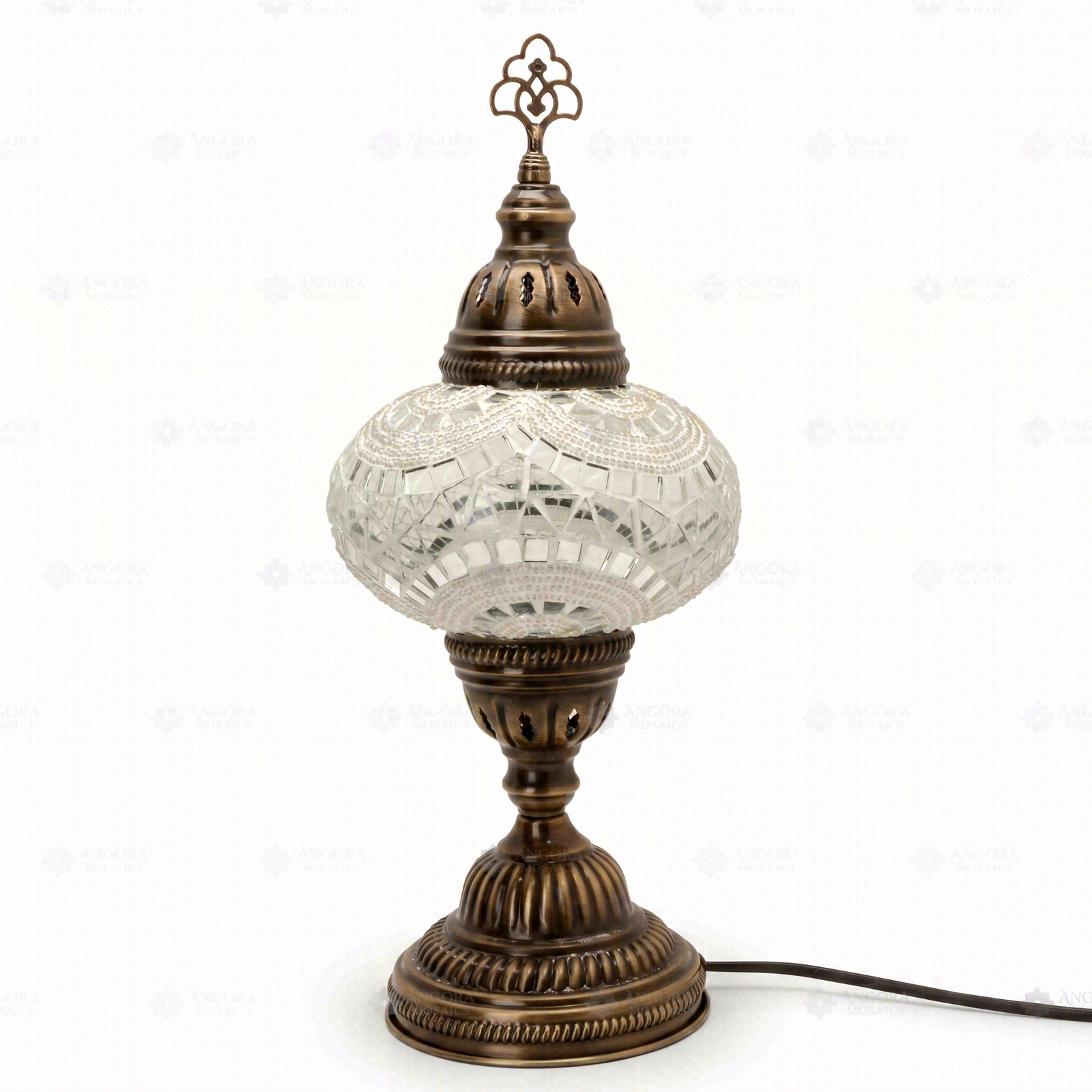 Full view of handmade Clear clear neutral Turkish mosaic table lamp on white background (ENV MUN3036)