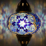 Lit close-up of mosaic glass globe — Blue table lamp glowing (ENV MUN3039)