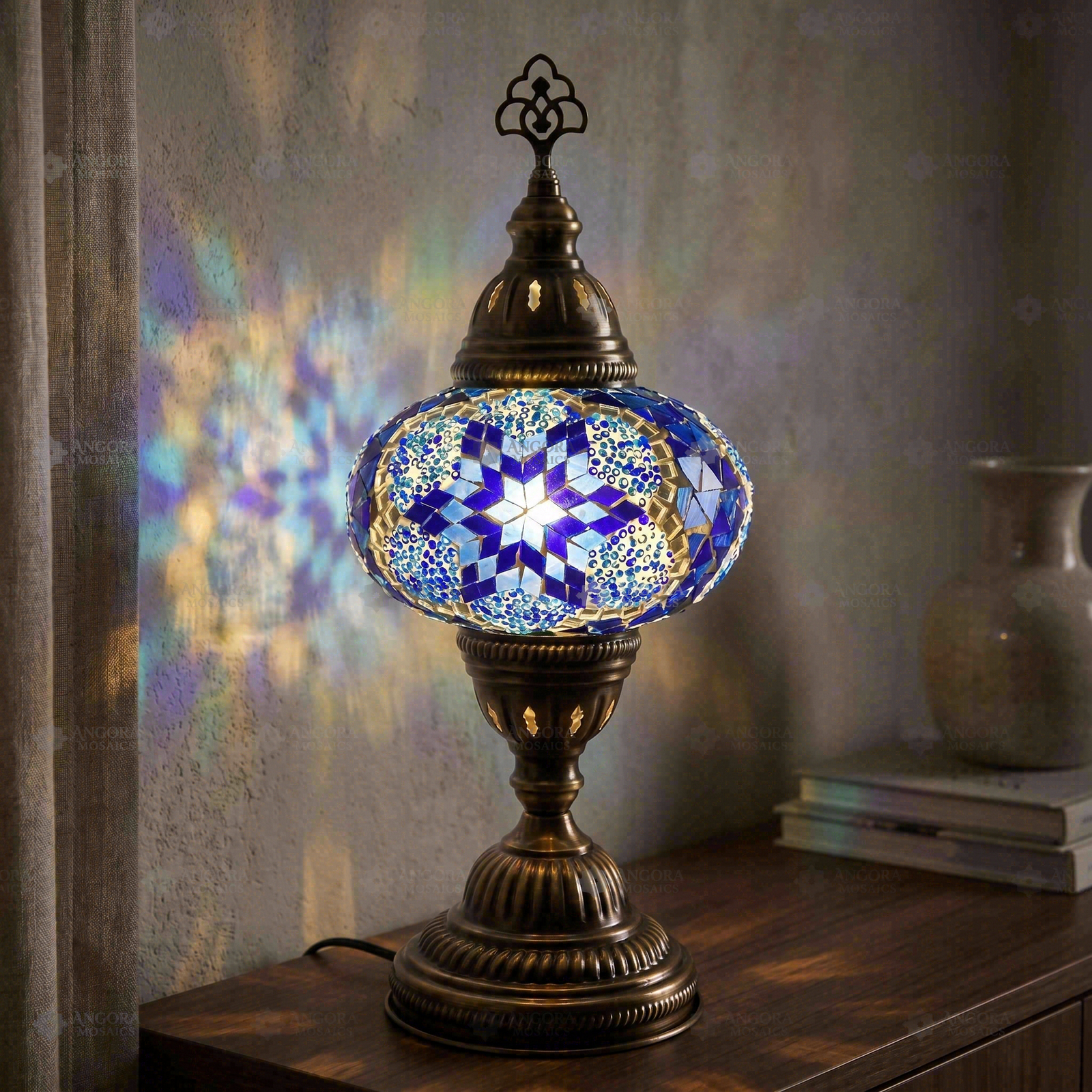 Blue blue jewel Turkish mosaic table lamp in styled room — handmade Moroccan table lamp (ENV MUN3039)
