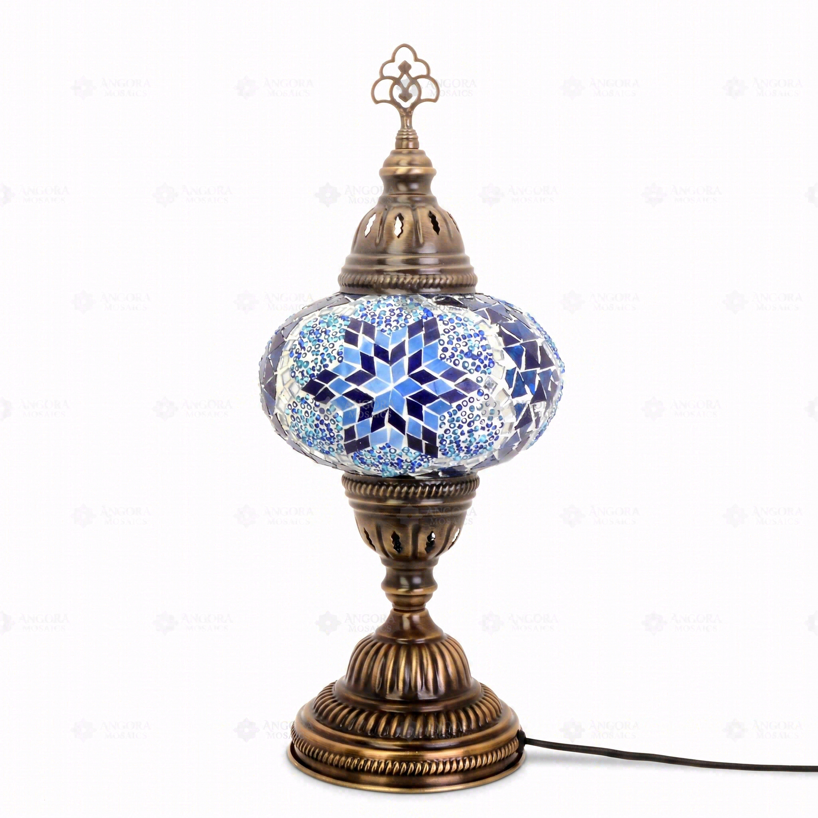 Full view of handmade Blue blue jewel Turkish mosaic table lamp on white background (ENV MUN3039)