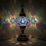 Blue Turkish mosaic table lamp illuminated, showing colorful light projection (ENV MUN3040)