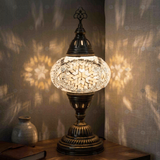 White white glow Turkish mosaic table lamp in styled room — handmade Moroccan table lamp (ENV MUN3043)