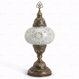 Full view of handmade White white glow Turkish mosaic table lamp on white background (ENV MUN3043)