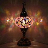 Pink Turkish mosaic table lamp illuminated, showing colorful light projection (ENV MUN3046)