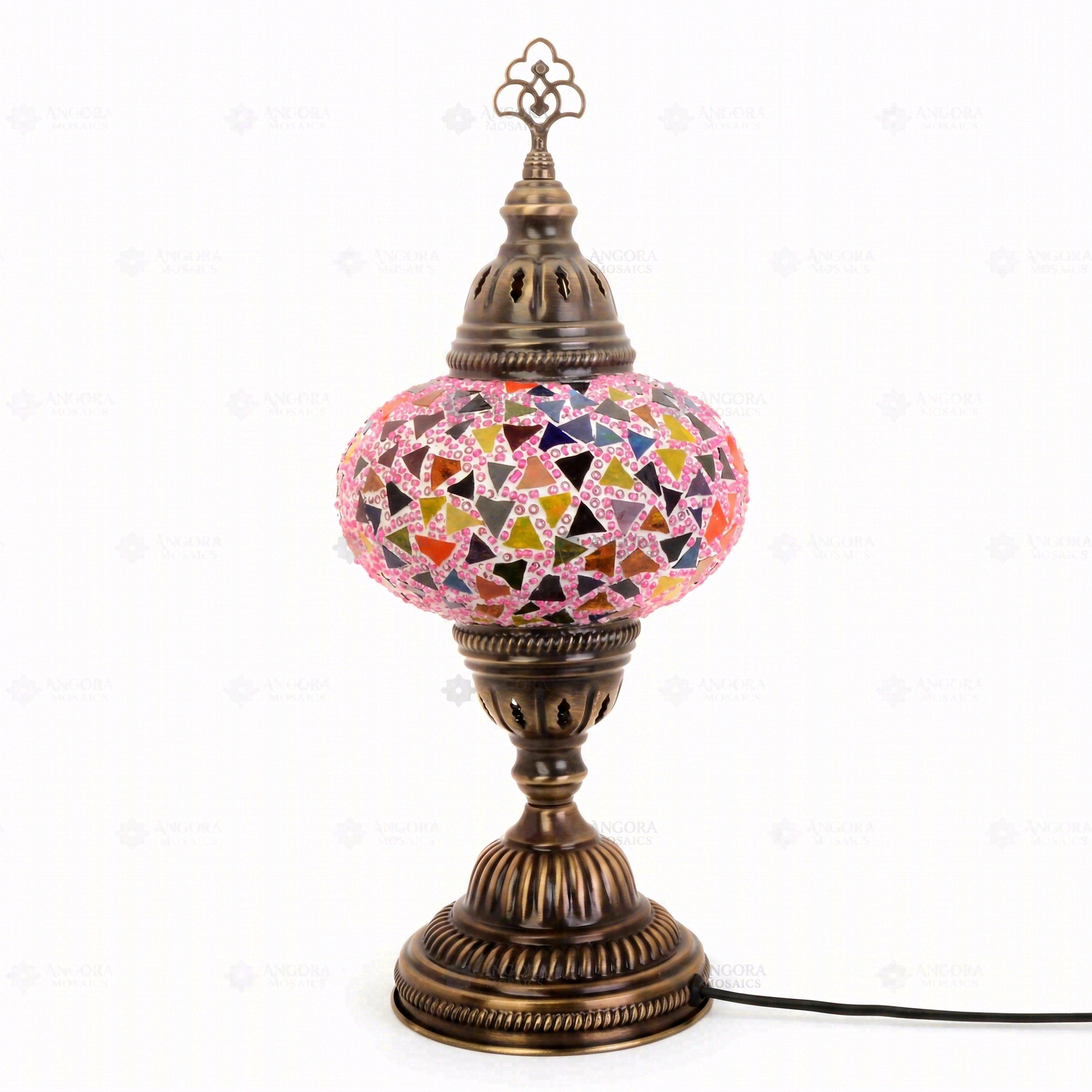 Full view of handmade Pink pink rose Turkish mosaic table lamp on white background (ENV MUN3046)