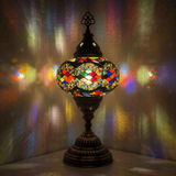 Multicolor Turkish mosaic table lamp illuminated, showing colorful light projection (ENV MUN3047)