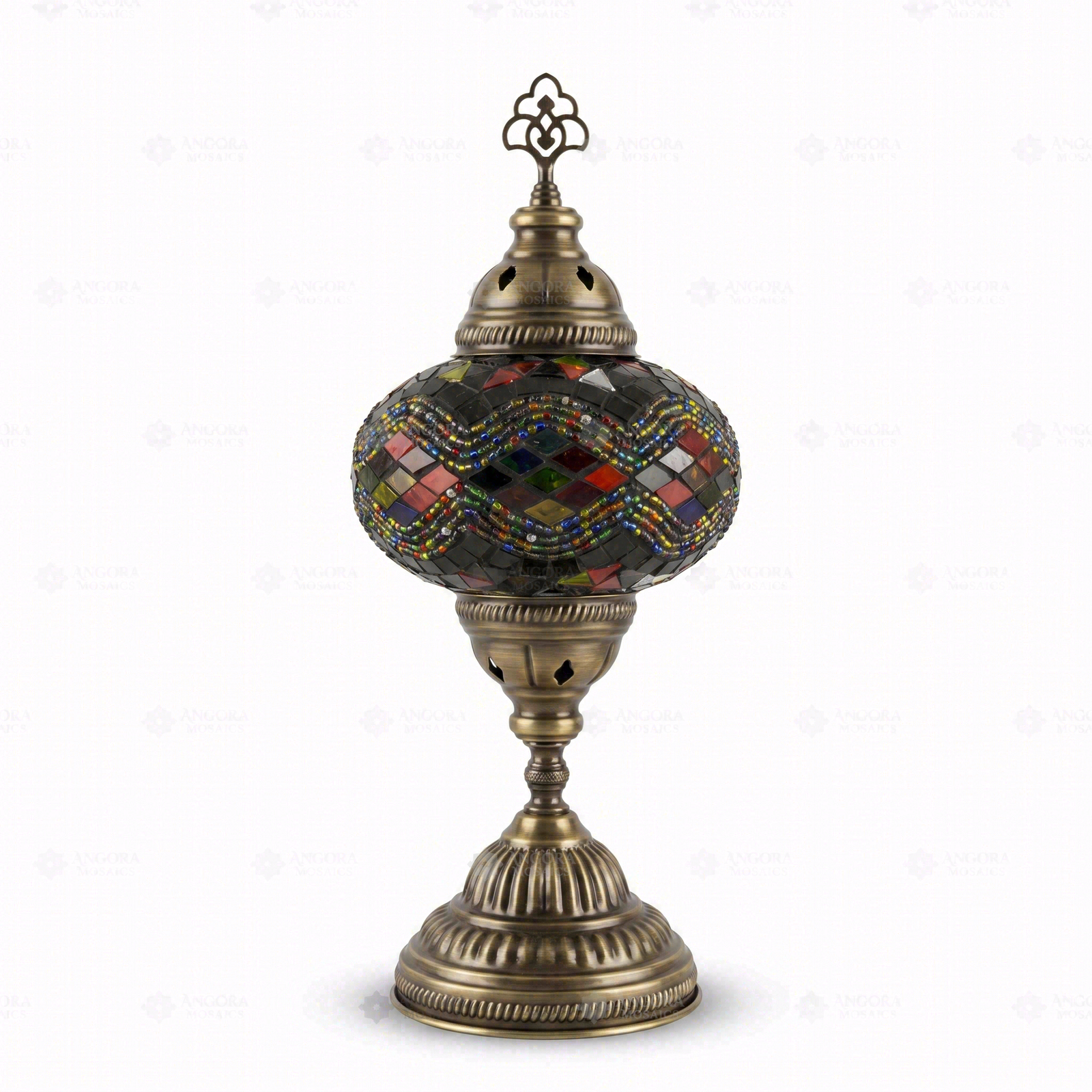 Full view of handmade Multicolor multicolor jewel Turkish mosaic table lamp on white background (ENV MUN3047)