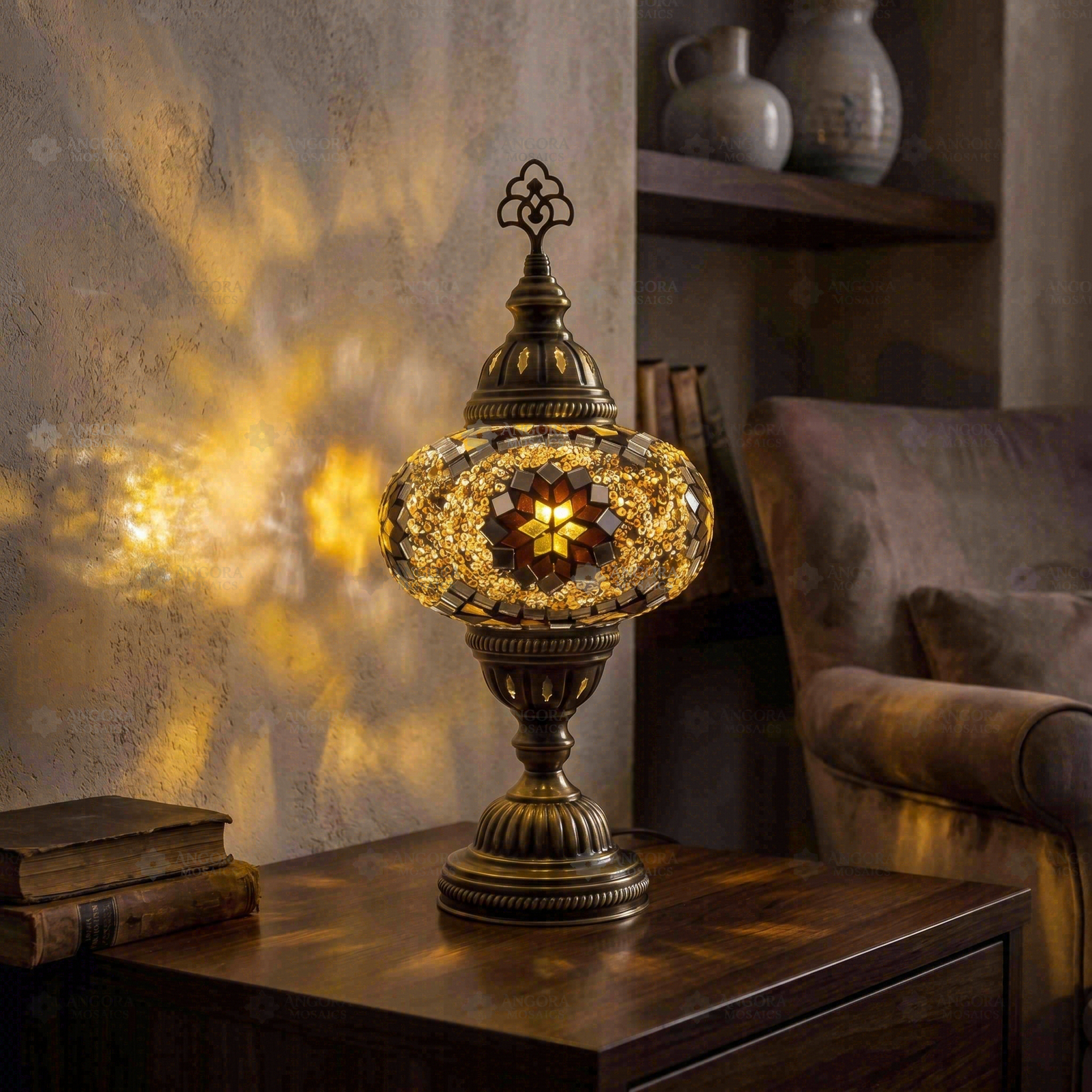 Amber warm amber Turkish mosaic table lamp in styled room — handmade Moroccan table lamp (ENV MUN3049)