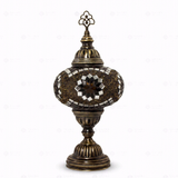Full view of handmade Amber warm amber Turkish mosaic table lamp on white background (ENV MUN3049)