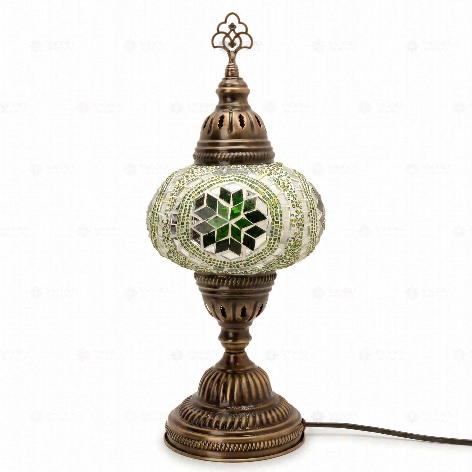 Full view of handmade Green green jewel Turkish mosaic table lamp on white background (ENV MUN3050)