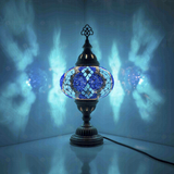 Blue Turkish mosaic table lamp illuminated, showing colorful light projection (ENV MUN3053)