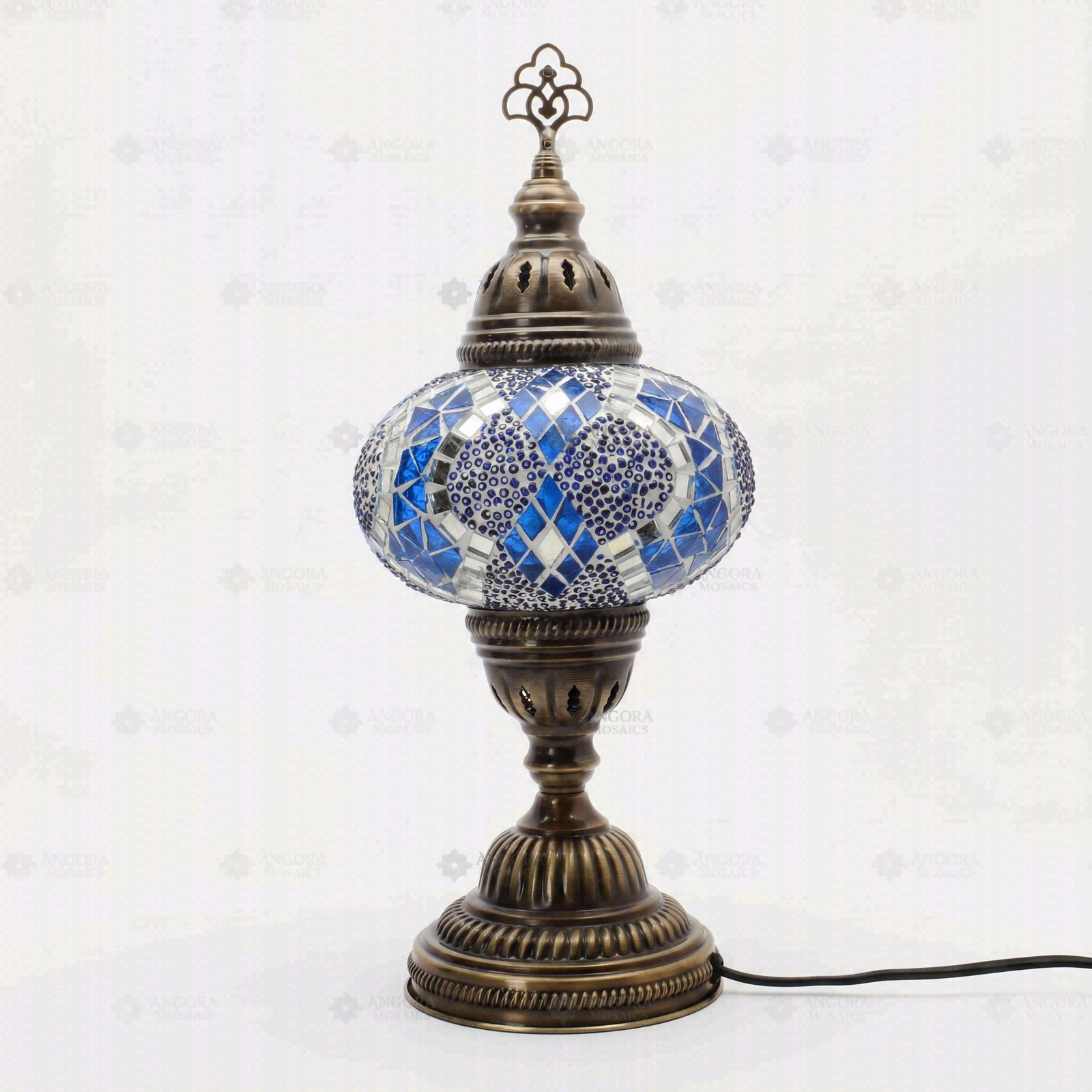 Full view of handmade Blue blue jewel Turkish mosaic table lamp on white background (ENV MUN3053)