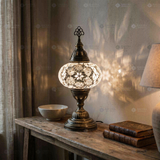White white glow Turkish mosaic table lamp in styled room — handmade Moroccan table lamp (ENV MUN3054)