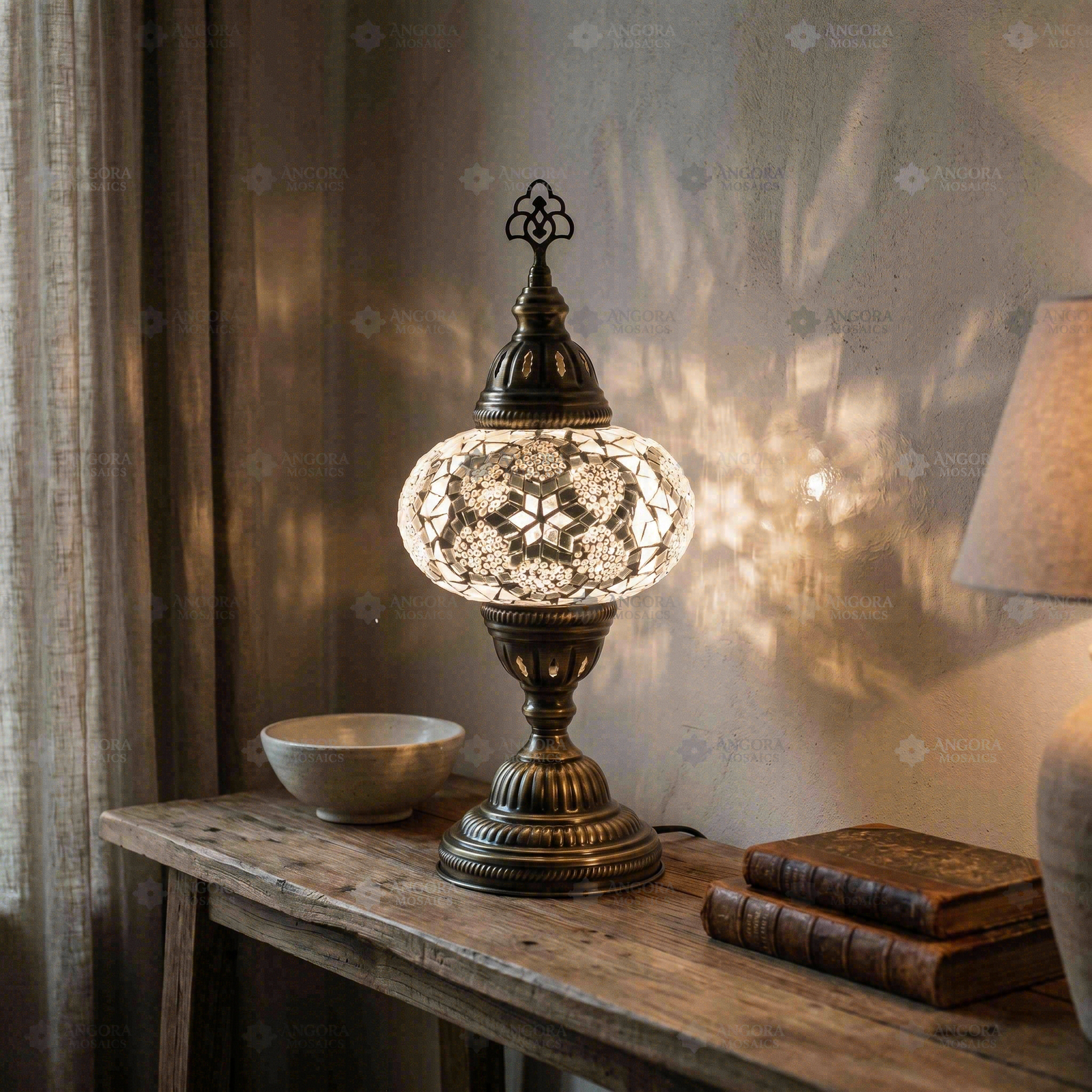 White white glow Turkish mosaic table lamp in styled room — handmade Moroccan table lamp (ENV MUN3054)