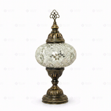 Full view of handmade White white glow Turkish mosaic table lamp on white background (ENV MUN3054)