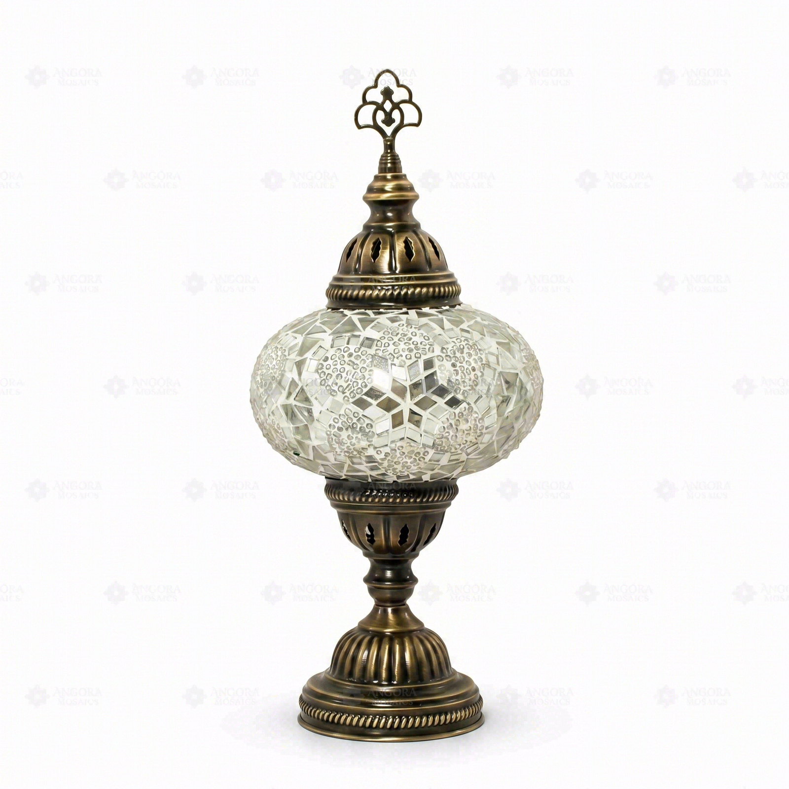 Full view of handmade White white glow Turkish mosaic table lamp on white background (ENV MUN3054)