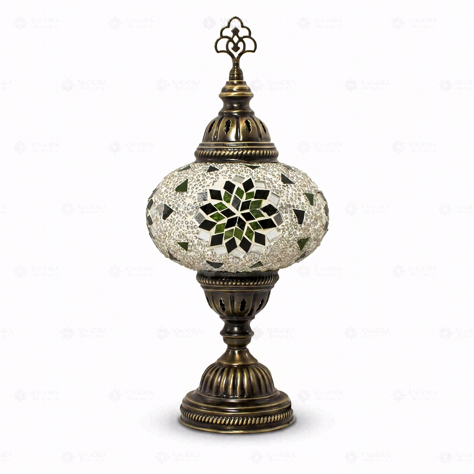 Full view of handmade Green green jewel Turkish mosaic table lamp on white background (ENV MUN3055)