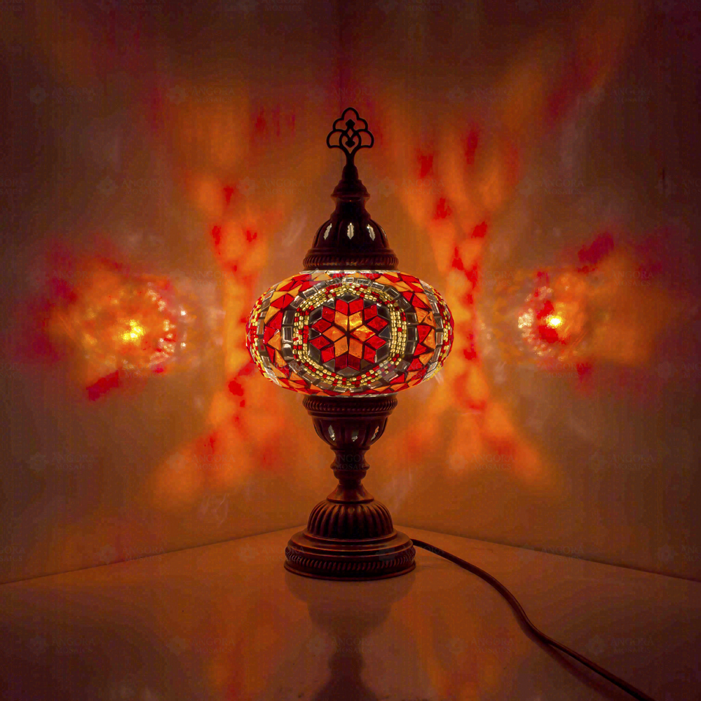Red Classic Table Lamp, glowing in a dark room