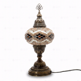 Full view of handmade Amber warm amber Turkish mosaic table lamp on white background (ENV MUN3057)