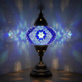 Blue Turkish mosaic table lamp illuminated, showing colorful light projection (ENV MUN3058)