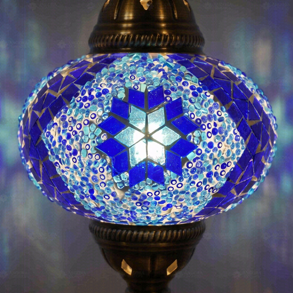 Blue Classic Table Lamp, close-up of the lit glass