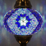 Lit close-up of mosaic glass globe — Blue table lamp glowing (ENV MUN3058)