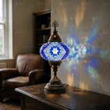 Blue blue jewel Turkish mosaic table lamp in styled room — handmade Moroccan table lamp (ENV MUN3058)
