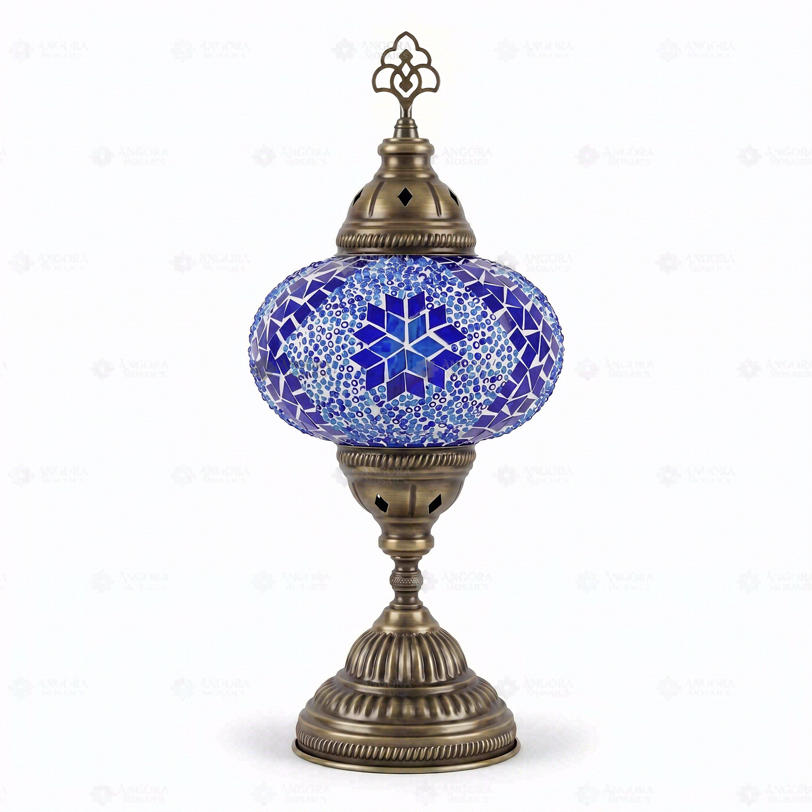 Full view of handmade Blue blue jewel Turkish mosaic table lamp on white background (ENV MUN3058)