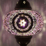Lit close-up of mosaic glass globe — Purple table lamp glowing (ENV MUN3059)