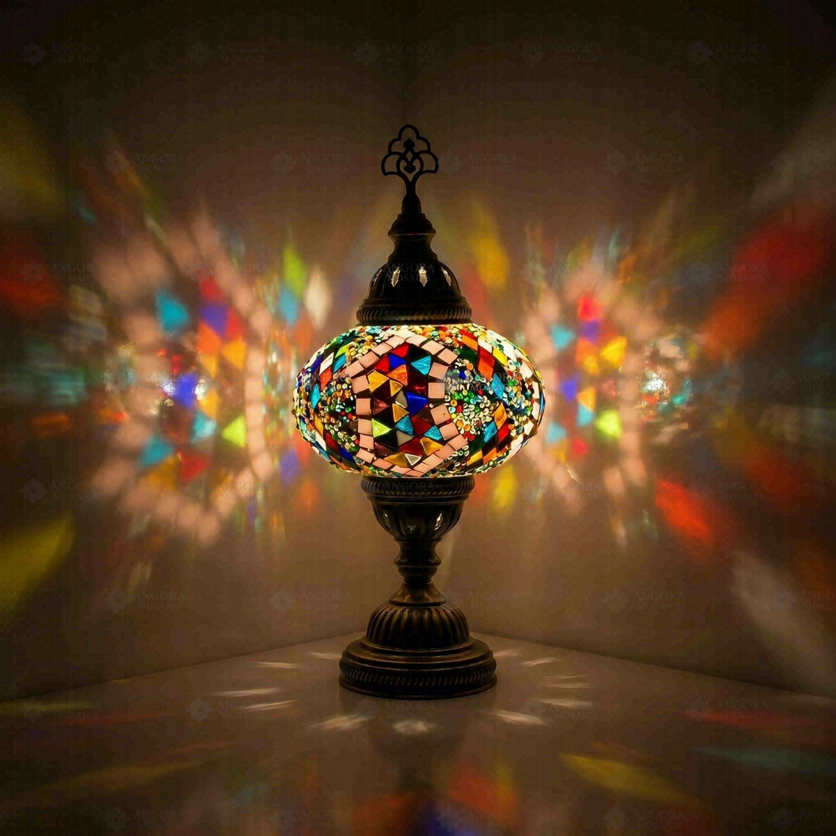 Multicolor Classic Table Lamp, switched on, glowing in a dark room