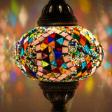 Lit close-up of mosaic glass globe — Multicolor table lamp glowing (ENV MUN3060)