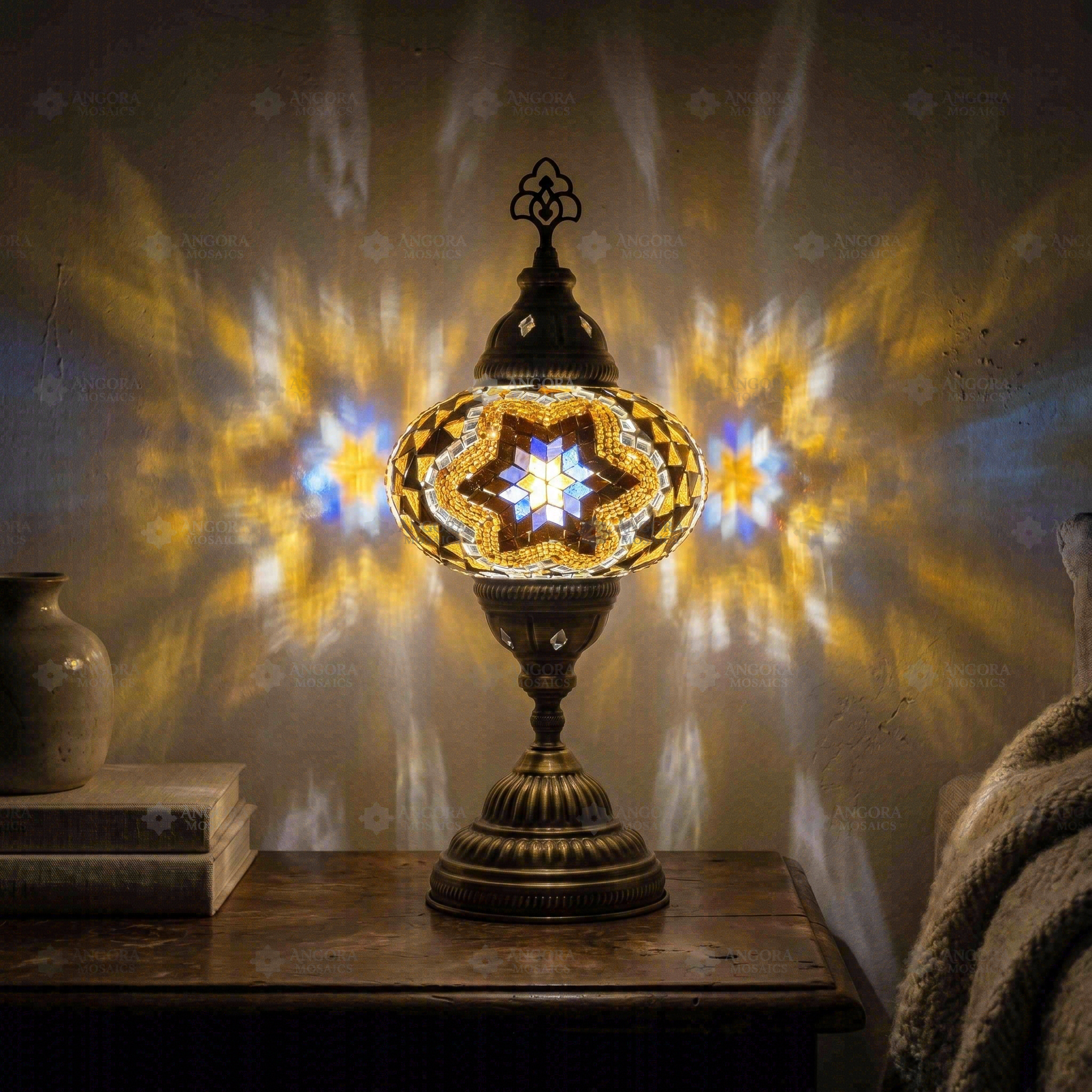 Warm Tones mixed warm Turkish mosaic table lamp in styled room — handmade Moroccan table lamp (ENV MUN3063)