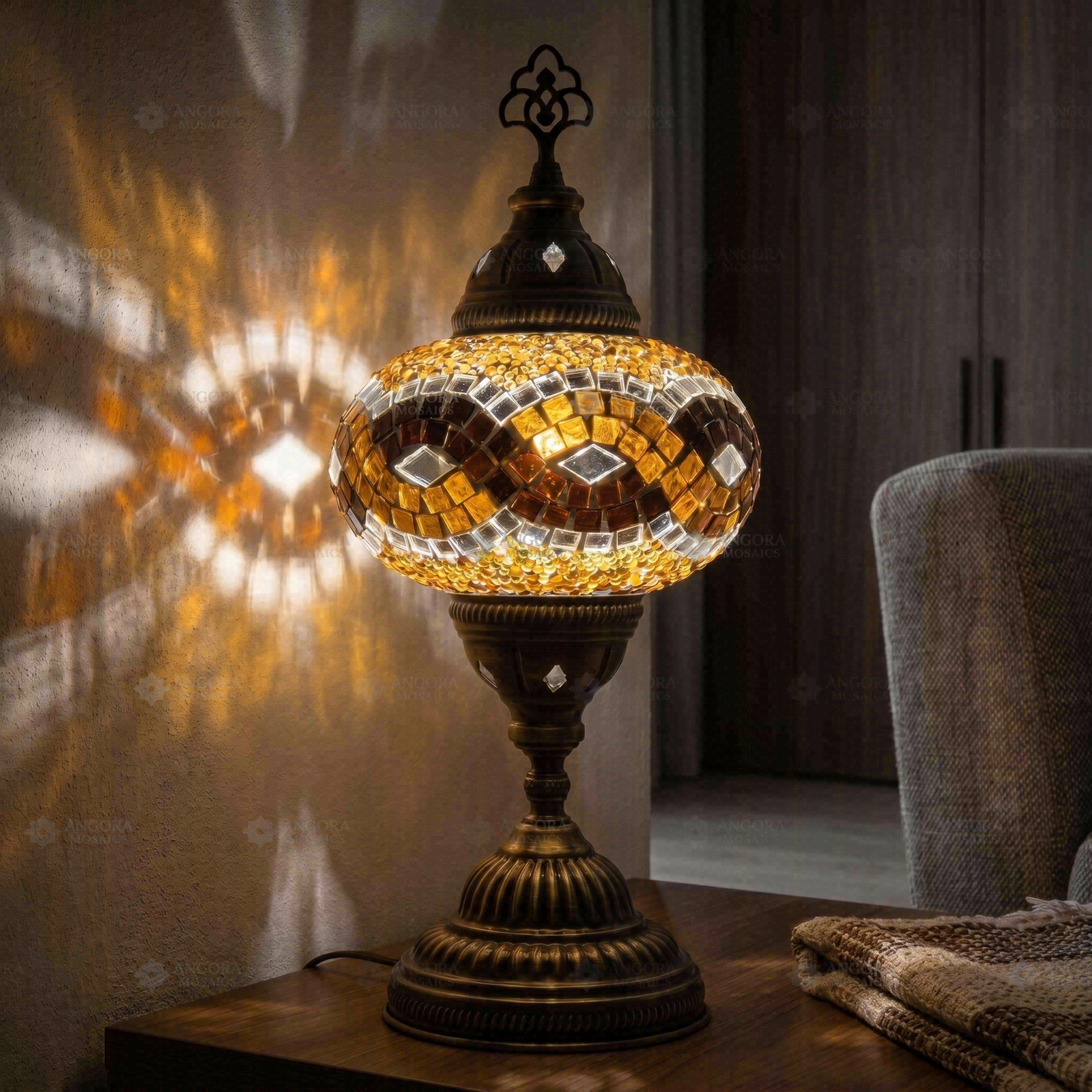Amber warm amber Turkish mosaic table lamp in styled room — handmade Moroccan table lamp (ENV MUN3064)